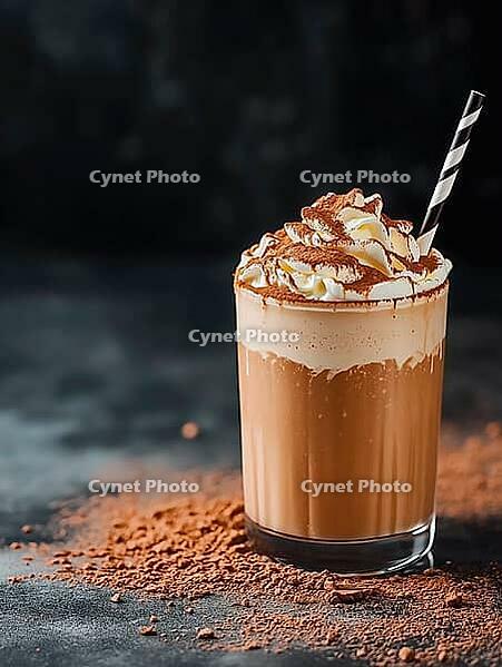 Coffee with whipped cream and chocolate chips in a glass with a straw, copy space, AI generated [IBR123435202]