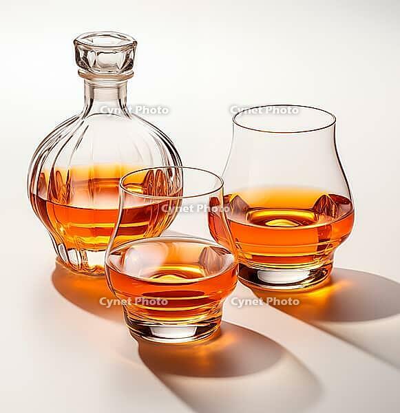 Alcohol in a decanter and glasses on a white background, AI generated [IBR123435203]