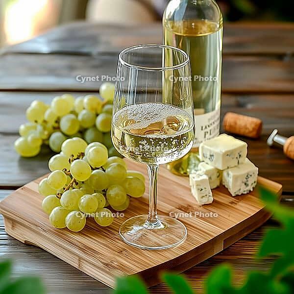 A glass of white wine stands on a wooden board against the background of blue cheese and grapes, AI generated [IBR123435205]