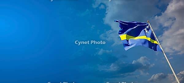 Beautiful national state flag of Curacao with blank space. Curacao flag on wide background with place for text 3D artwork [IBR123569260]