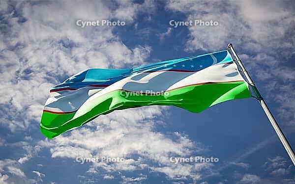 Beautiful national state flag of Uzbekistan fluttering at sky background. Low angle close-up Uzbekistan flag 3D artwork [IBR123569264]