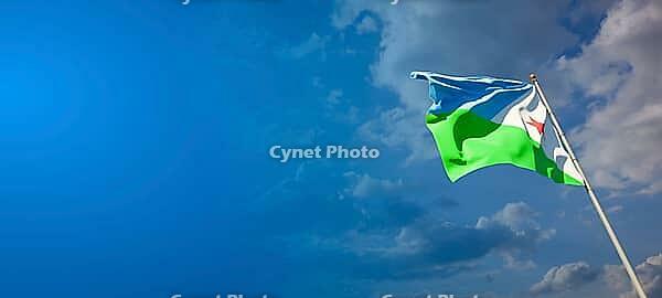 Beautiful national state flag of Djibouti with blank space. Djibouti flag on wide background with place for text 3D artwork [IBR123569265]
