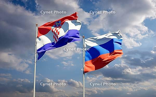 Beautiful national state flags of Russia and Croatia together at the sky background. 3D artwork concept [IBR123569268]