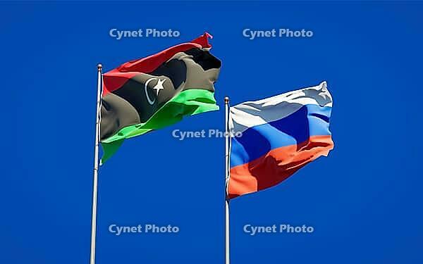 Beautiful national state flags of Libya and Russia together at the sky background. 3D artwork concept [IBR123569270]