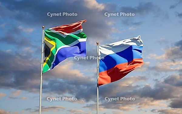 Beautiful national state flags of South Africa and Russia together at the sky background. 3D artwork concept [IBR123569271]
