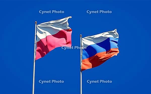Beautiful national state flags of Poland and Russia together at the sky background. 3D artwork concept [IBR123569272]