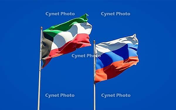 Beautiful national state flags of Kuwait and Russia together at the sky background. 3D artwork concept [IBR123569273]