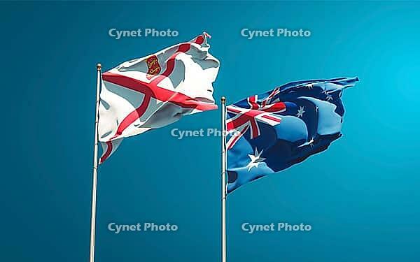 Beautiful national state flags of Jersey and Australia together at the sky background. 3D artwork concept [IBR123569277]