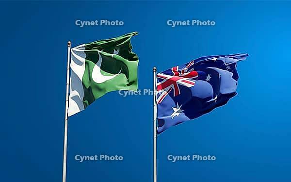 Beautiful national state flags of Pakistan and Australia together at the sky background. 3D artwork concept [IBR123569278]