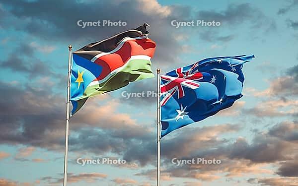 Beautiful national state flags of South Sudan and Australia together at the sky background. 3D artwork concept [IBR123569280]