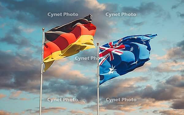 Beautiful national state flags of Germany and Australia together at the sky background. 3D artwork concept [IBR123569282]