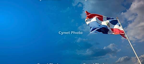 Beautiful national state flag of Dominican Republic with blank space. Dominican Republic flag on wide background with place for text 3D artwork [IBR123569285]