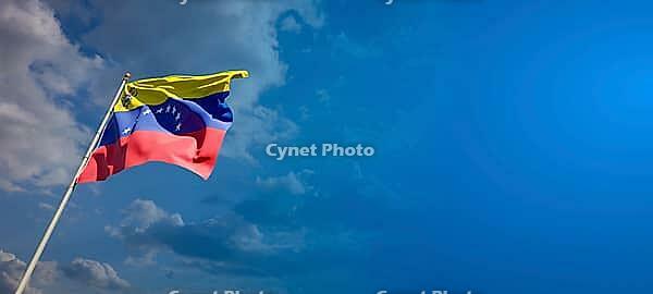 Beautiful national state flag of Venezuela with blank space. Venezuela flag on wide background with place for text 3D artwork [IBR123569288]