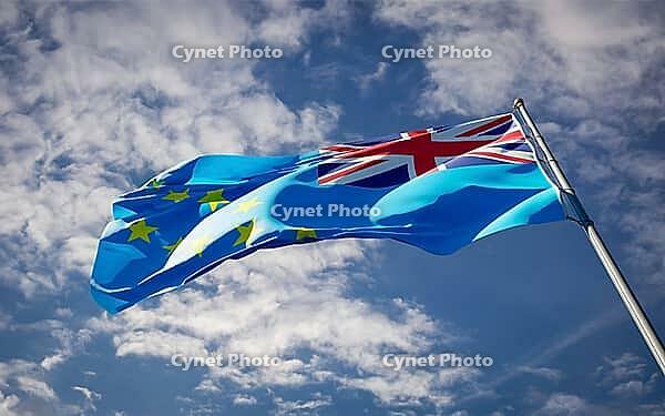Beautiful national state flag of Tuvalu fluttering at sky background. Low angle close-up Tuvalu flag 3D artwork [IBR123569290]
