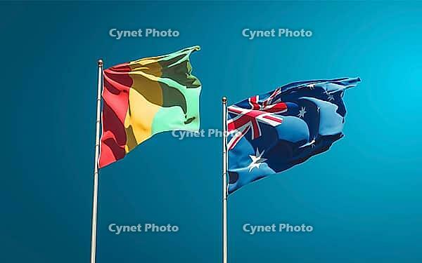 Beautiful national state flags of Guinea and Australia together at the sky background. 3D artwork concept [IBR123569291]