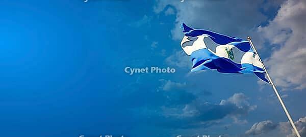 Beautiful national state flag of El Salvador with blank space. El Salvador flag on wide background with place for text 3D artwork [IBR123569292]