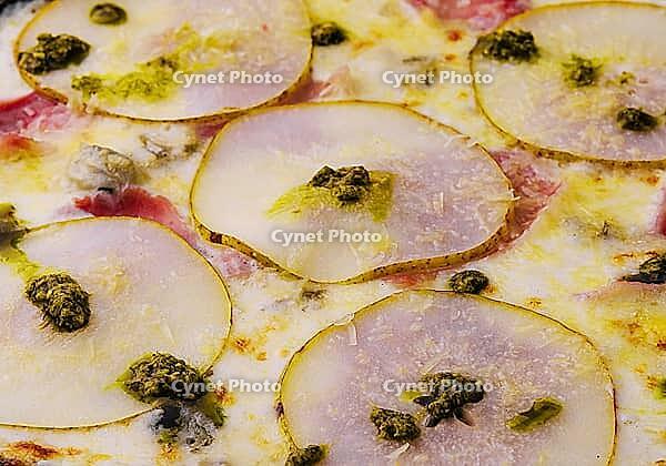 Food, Close up pizza with pear, cheese and ham [IBR123622449]