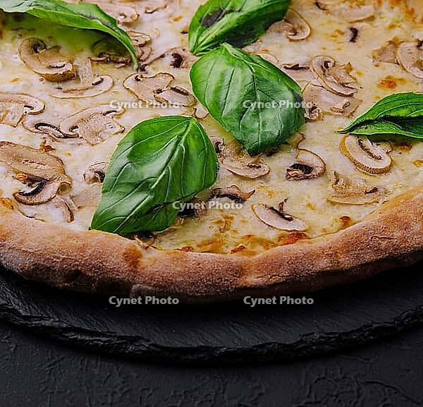 Food, Mushroom pizza with cheese and basil [IBR123622451]