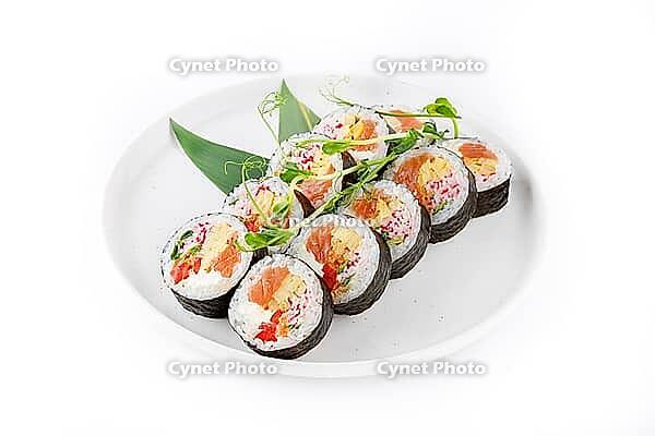 Food, Futomaki with salmon, crab, scrambled eggs, bell peppers, cream cheese and onions [IBR123622465]
