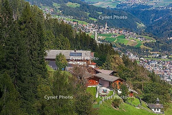 Alm with view of Telfes and Mieders, Stubai Valley, Stubai, Tyrol, Austria [IBR123622467]