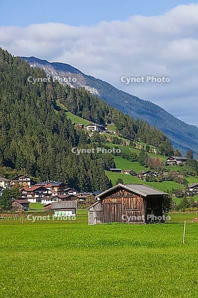 Alm with hay barn and mountains, Neustift im Stubai Valley, Stubai Valley, Stubai, Tyrol, Austria [IBR123622469]