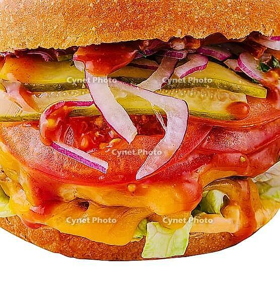 Food, Juicy homemade hamburger with beef burger on white isolated [IBR123622475]