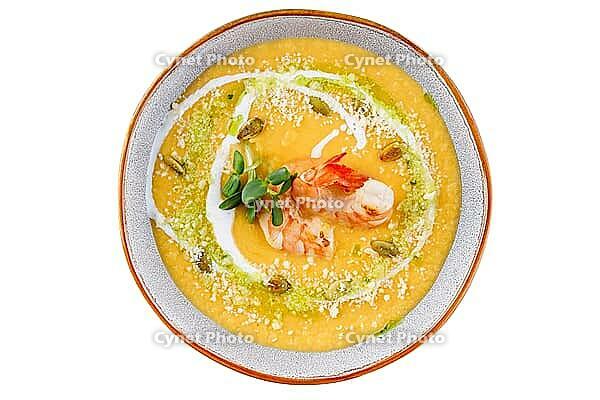 Food, Pumpkin soup with shrimp on a white background [IBR123622503]