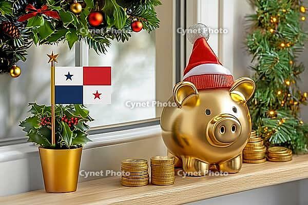 Flag of Panama on a potted holly plant and golden piggy bank with hat and coins, sorrounded by festive decorations during Christmas holiday season.Business, finance and economy concept, AI generated [IBR123622506]