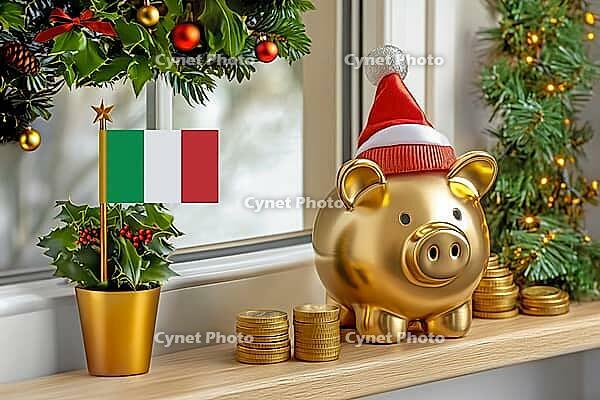 Flag of Italy on a potted holly plant and golden piggy bank with hat and coins, sorrounded by festive decorations during Christmas holiday season.Business, finance and economy concept, AI generated [IBR123622508]