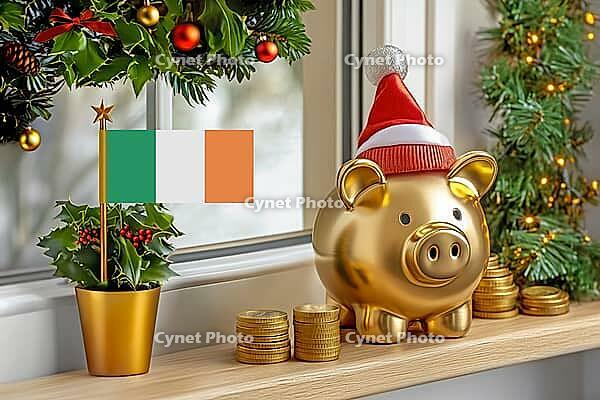 Flag of Ireland on a potted holly plant and golden piggy bank with hat and coins, sorrounded by festive decorations during Christmas holiday season.Business, finance and economy concept, AI generated [IBR123622509]