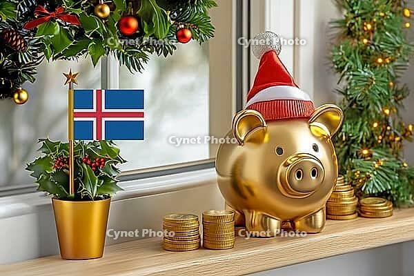 Flag of Iceland on a potted holly plant and golden piggy bank with hat and coins, sorrounded by festive decorations during Christmas holiday season.Business, finance and economy concept, AI generated [IBR123622512]