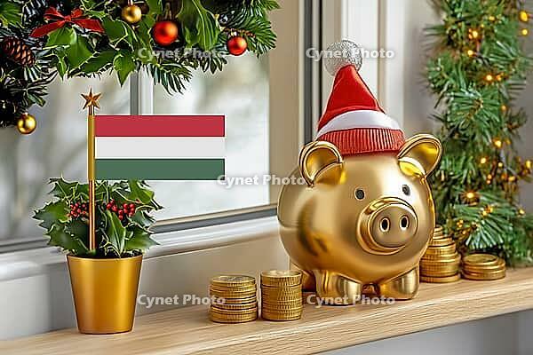 Flag of Hungary on a potted holly plant and golden piggy bank with hat and coins, sorrounded by festive decorations during Christmas holiday season.Business, finance and economy concept, AI generated [IBR123622513]