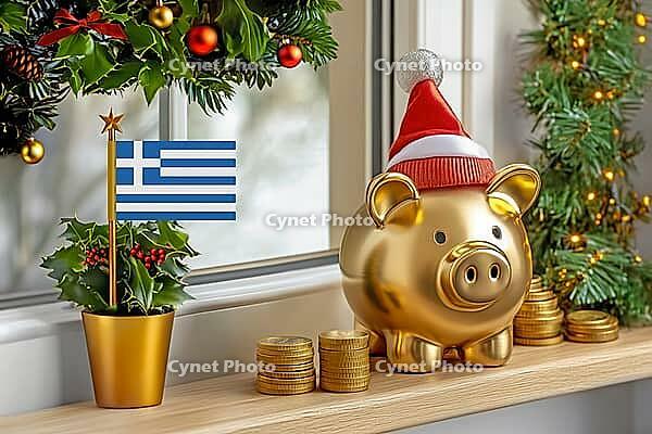 Flag of Greece on a potted holly plant and golden piggy bank with hat and coins, sorrounded by festive decorations during Christmas holiday season.Business, finance and economy concept, AI generated [IBR123622515]
