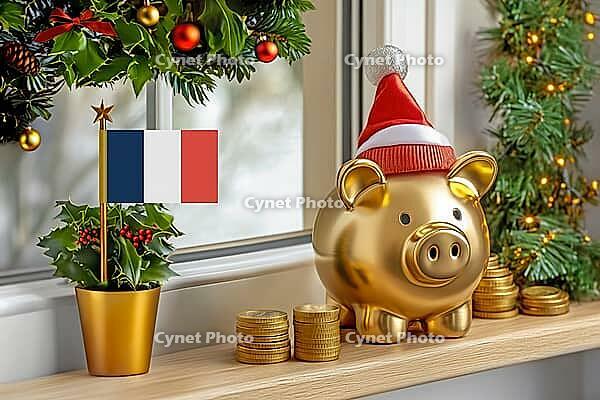 Flag of France on a potted holly plant and golden piggy bank with hat and coins, sorrounded by festive decorations during Christmas holiday season.Business, finance and economy concept, AI generated [IBR123622517]