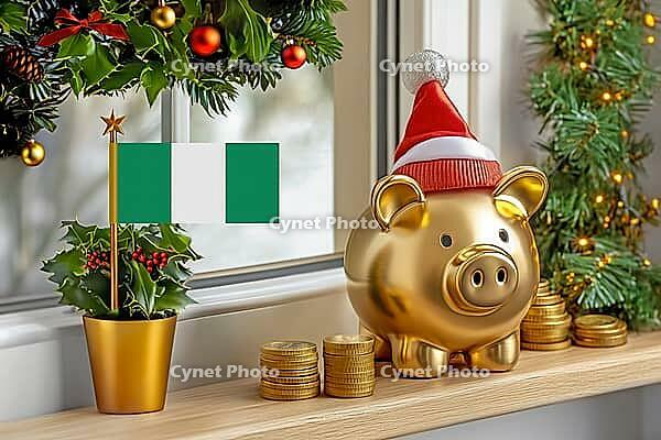 Flag of Nigeria on a potted holly plant and golden piggy bank with hat and coins, sorrounded by festive decorations during Christmas holiday season.Business, finance and economy concept, AI generated [IBR123622518]