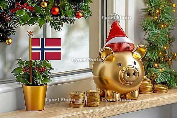 Flag of Norway on a potted holly plant and golden piggy bank with hat and coins, sorrounded by festive decorations during Christmas holiday season.Business, finance and economy concept, AI generated [IBR123622520]