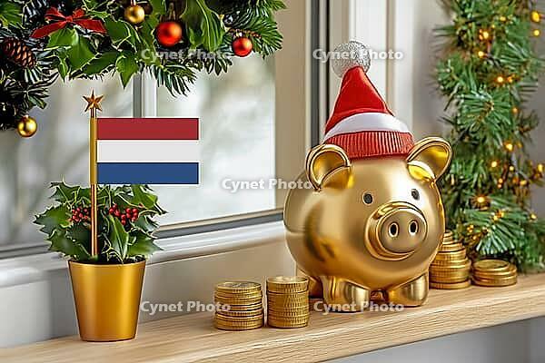 Flag of the Netherlands on a potted holly plant and golden piggy bank with hat and coins, sorrounded by festive decorations during Christmas holiday season.Business, finance and economy concept, AI generated [IBR123622522]