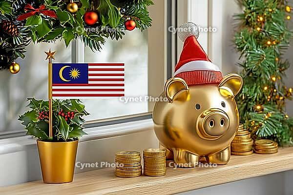 Flag of Malaysia on a potted holly plant and golden piggy bank with hat and coins, sorrounded by festive decorations during Christmas holiday season.Business, finance and economy concept, AI generated [IBR123622523]