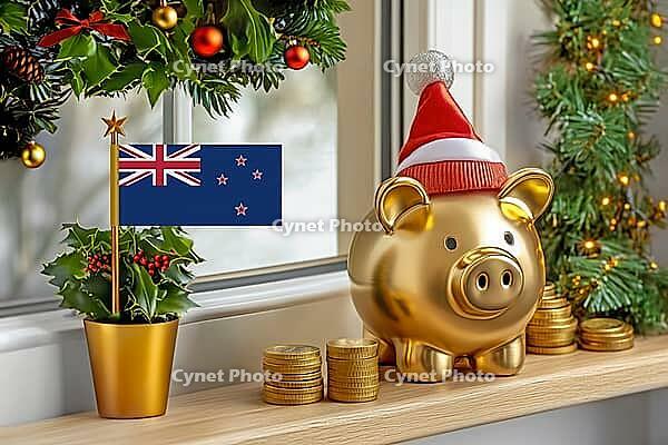 Flag of New Zealand on a potted holly plant and golden piggy bank with hat and coins, sorrounded by festive decorations during Christmas holiday season.Business, finance and economy concept, AI generated [IBR123622524]
