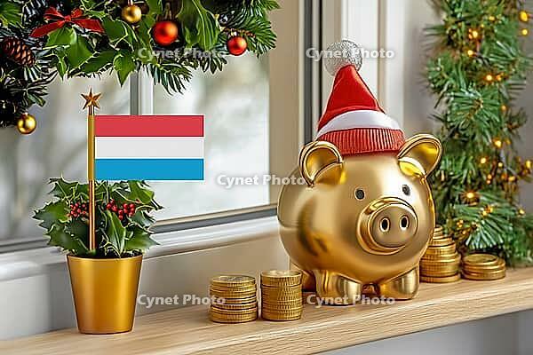 Flag of Luxembourg on a potted holly plant and golden piggy bank with hat and coins, sorrounded by festive decorations during Christmas holiday season.Business, finance and economy concept, AI generated [IBR123622526]