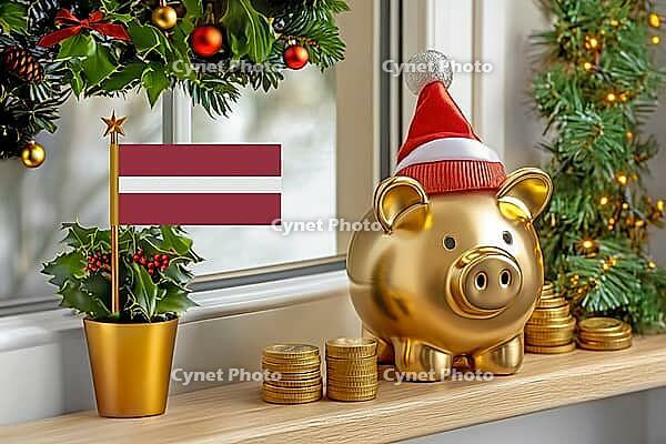 Flag of Latvia on a potted holly plant and golden piggy bank with hat and coins, sorrounded by festive decorations during Christmas holiday season.Business, finance and economy concept, AI generated [IBR123622528]
