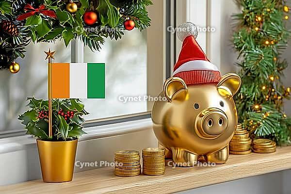 Flag of Ivory Coast on a potted holly plant and golden piggy bank with hat and coins, sorrounded by festive decorations during Christmas holiday season.Business, finance and economy concept, AI generated [IBR123622530]