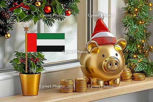 Flag of United Arab Emirates on a potted holly plant and golden piggy bank with hat and coins, sorrounded by festive decorations during Christmas holiday season.Business, finance and economy concept, AI generated [IBR123622531]