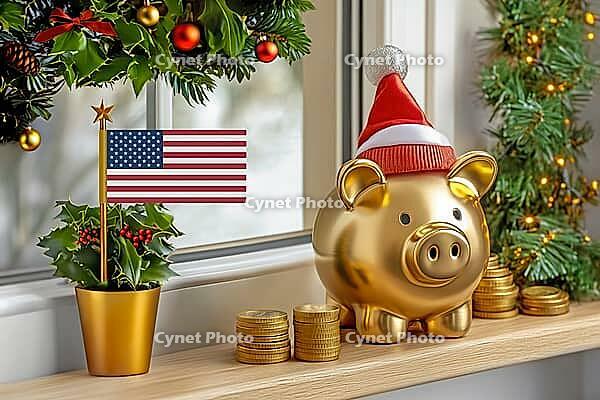 Flag of the United States on a potted holly plant and golden piggy bank with hat and coins, sorrounded by festive decorations during Christmas holiday season.Business, finance and economy concept, AI generated [IBR123622533]