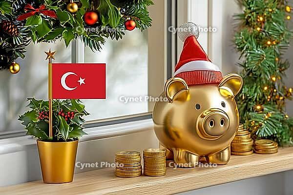 Flag of Turkey on a potted holly plant and golden piggy bank with hat and coins, sorrounded by festive decorations during Christmas holiday season.Business, finance and economy concept, AI generated [IBR123622534]
