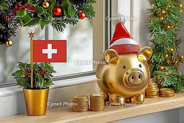 Flag of Switzerland on a potted holly plant and golden piggy bank with hat and coins, sorrounded by festive decorations during Christmas holiday season.Business, finance and economy concept, AI generated [IBR123622535]