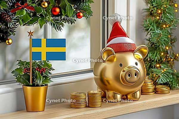 Flag of Sweden on a potted holly plant and golden piggy bank with hat and coins, sorrounded by festive decorations during Christmas holiday season.Business, finance and economy concept, AI generated [IBR123622536]