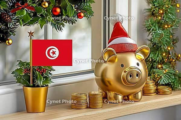 Flag of Tunisia on a potted holly plant and golden piggy bank with hat and coins, sorrounded by festive decorations during Christmas holiday season.Business, finance and economy concept, AI generated [IBR123622538]