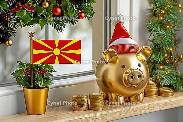 Flag of North Macedonia on a potted holly plant and golden piggy bank with hat and coins, sorrounded by festive decorations during Christmas holiday season.Business, finance and economy concept, AI generated [IBR123622539]