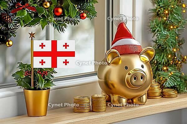 Flag of Georgia on a potted holly plant and golden piggy bank with hat and coins, sorrounded by festive decorations during Christmas holiday season.Business, finance and economy concept, AI generated [IBR123622541]